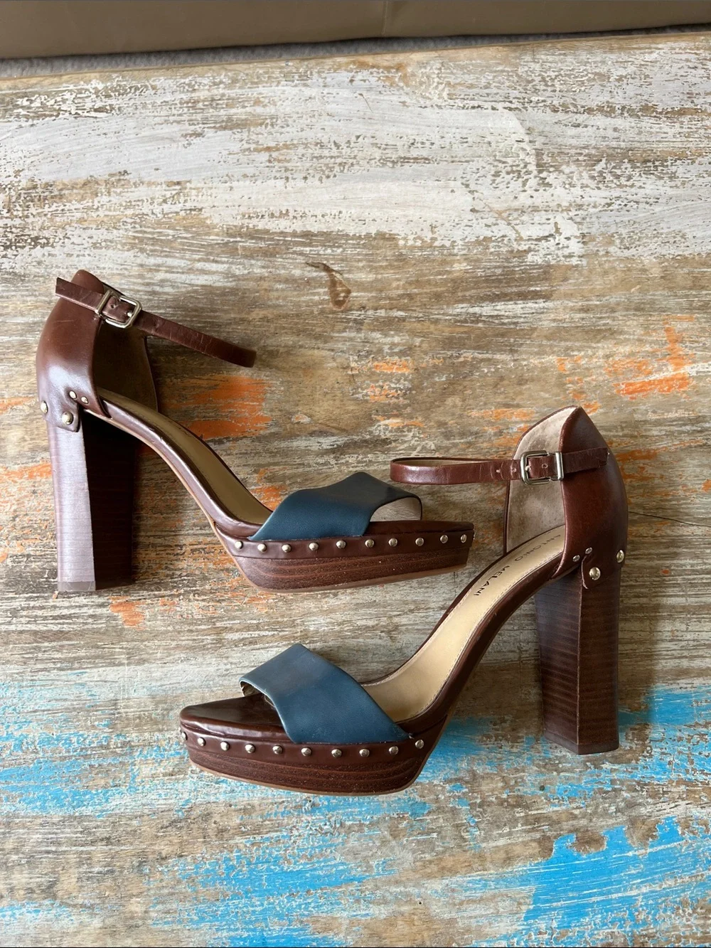 ANTONIO MELANI Brown and Teal Leather Block Heel Sandals